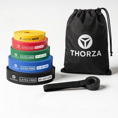 THORZA Resistance Bands Set – 5 Stackable Levels Up to 150 lbs, Workout Bands with Handles, Door Anchor & Carry Bag, Latex-Free TPE Exercise Bands – Full Body Home Gym (7-Piece Set)