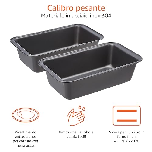 Amazon Basics - Teglia per pane in acciaio al carbonio antiaderente, confezione da 2, Grigio, Rettangolare, 27 x 15 x 7 cm