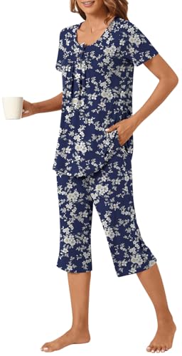 Image of Womens Summer Pajama Sets 2 Piece Short Sleeve Top and Capri Pants Plus Size Ladies Lounge Pjs Sets with Pockets