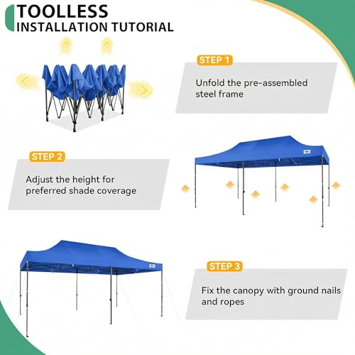 Image of COBIZI 10x20 Heavy Duty Pop Up Canopy Tent with 6 Sidewalls Thicken Frame, Commercial Easy Up Outdoor Wedding Party Tents, All Season Waterproof Windproof with Stakes Sandbags Ropes Roller Bag, Blue