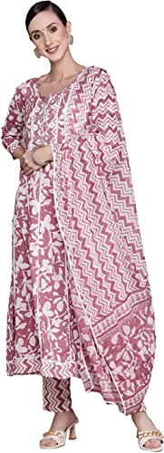 Image of ishin Women's Mauve Embroidered Anarkali Kurta with Trouser & Dupatta