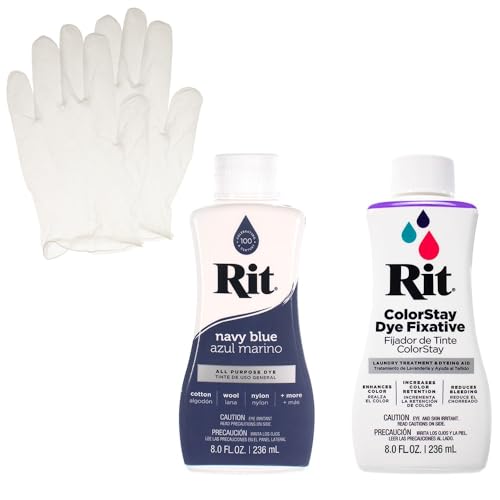 Rit Liquid Dye with ColorStay Fixative Bundle All in One Kit with Gloves to Reduce Color Bleed (Navy Blue)