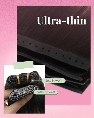 Image of YoungSee Butterfly Weft Hair Extensions, 80g 16 Inch Balayage Human Hair Butterfly Weft Extensions, Dark Brown Ombre Medium Brown with Blonde, Seamless PU Hole Weft Hair Extension for Women