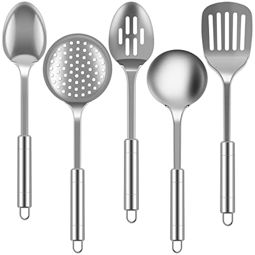 5Pcs Kitchen Utensils Set, Heat Resistant Kitchen Stainless Steel Cooking Spoons Spatula with Hanging Hole, Non-Stick Cooking Tools, Dishwasher Safe