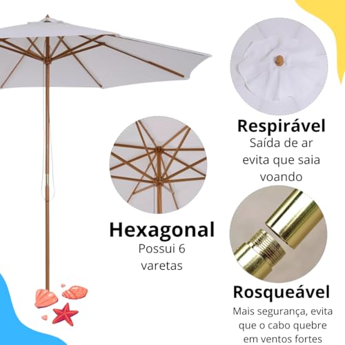 Ombrelone Central Redondo Guarda Sol Madeira 2,40 Metros - Sombreiro Solasol Piscina Praia Mesa (Beg