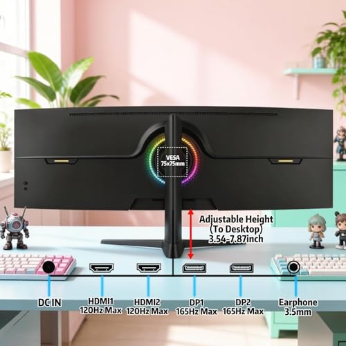 Image of ZZA 49-Inch Ultra-Wide DQHD Curved Gaming Monitor | 5120x1440, 1500R, 165Hz, AMD FreeSync, 120% sRGB, Height Adjustable, HDMI 2.1 /DP 1.4 Wall Mountable- Black