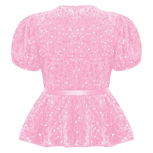 Choomomo Velvet Blouses for Girls Dressy Casual Short Sleeve Peplum Tops Sparkly Glitter Belted Shirts2