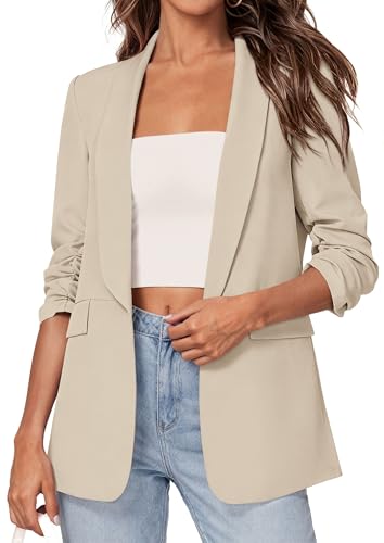 PRETTYGARDEN Women's 2026 Spring Blazers Business Casual Outfits Open Front Ruched 3/4 Sleeve Lightweight Work Suits Jackets (Beige,Medium)