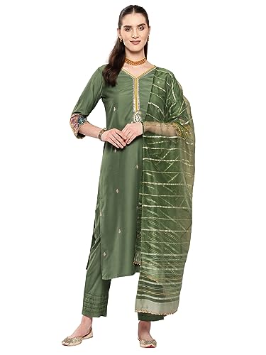 Image of INDO ERA Women's Cotton Blend Embroidered Straight Kurta Pant With Dupatta Set (23Aug271)