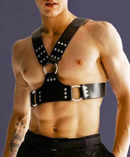 Fstrend Mens Chest Harness Black Leather Shoulder Rivets Strap Belt Fashion Rave Body Accessory3