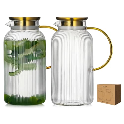 Buaic 2 PACK Glass Pitcher with Lid, 74oz/ 2.2 Liter Classic Vertical Stripes Water Pitcher with Handle,Glass Water Carafe for Cold Brew, Coffee, Lemonade, Iced Sun Tea,Beverage,Heat Resistant