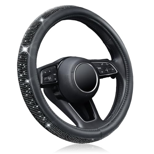 KAFEEK Diamond Leather Steering Wheel Cover with Bling Bling Crystal Glitter Rhinestones, Universal 15 inch, Car Accessories for Women Girl, Black Microfiber Leather Black Diamond