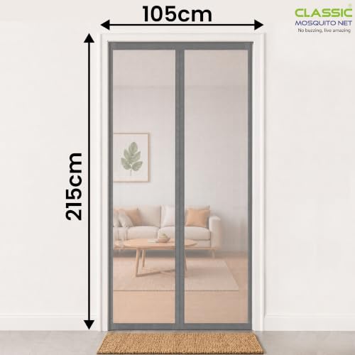 Image of Classic Mosquito Net for Doors with Magnet - Heavy-Duty Fiberglass Mesh | Strong Auto-Close Magnets | Full Frame Hook-&-Loop | DIY Installation for Wooden /UPVC /Marble Doors (215x105 cm, Grey)
