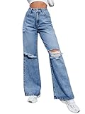 CHEZVOGUE Women's High Waisted Ripped Wide Leg Denim Pants Casual Loose Fit Jeans Dark Blue