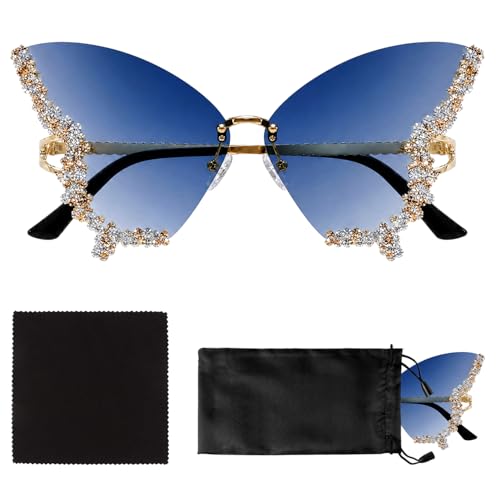 HIVTE Lunettes de Soleil Papillon sans Monture pour Femme avec Strass, Déguisement Vintage pour Festival et Fête, avec Pochette, Bleu Glacé