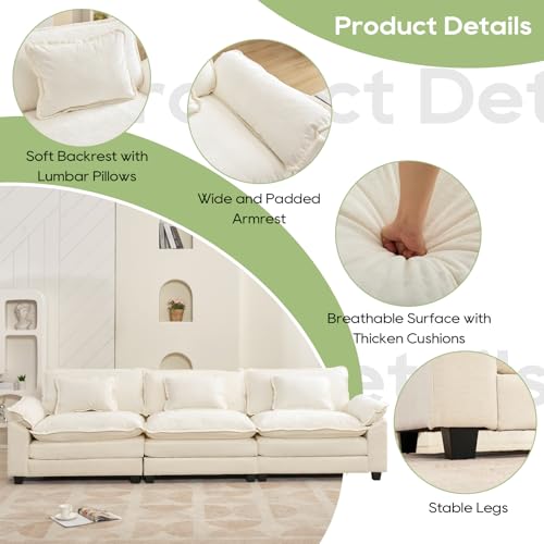 Image of Oprisen 120 inch Modular Sectional Sofa, Comfy Cloud Couch Sectional Sofa, Chenille Sofa Sleeper Deep Seat Sofa with Throw Pillows for Living Room (Beige White, 120 inch- 3 Seater)