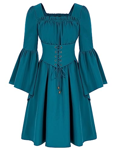 SCARLET DARKNESS Damen Mittelalter Kleider Langarm Square Ausschnitt mit...