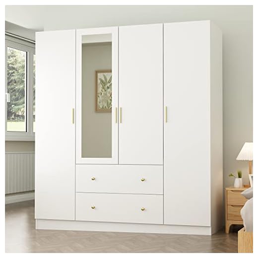 ECACAD Wardrobe Armoire with Mirror, 5-Tier Shelves, 2 Drawers, 2 Hanging Rods and 4 Doors, Wooden Closet Storage Cabinet for Bedroom, White (63”W x 19.7”D x 70.9”H)