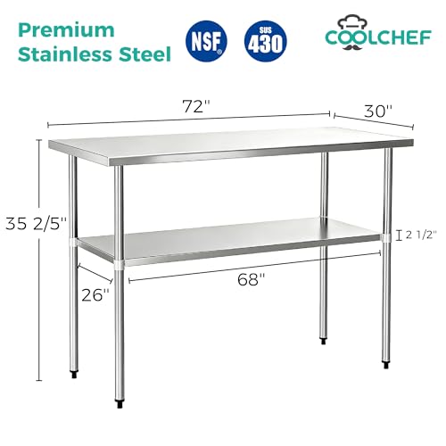 Image of Stainless Steel Work Table 30 x 72 Inch, Commercial Prep Table with Undershelf, NSF Heavy Duty Food Prep Workstation