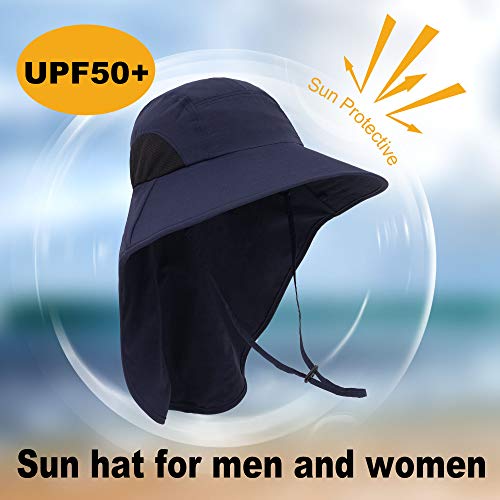 Beach Hats For Men Sun Protection Hat Water Resistant Mens Safari Hat Adjustable Sun Hats For Women Upf 50+ Hiking Camping Hat With Neck Flap,Navy #TOP2