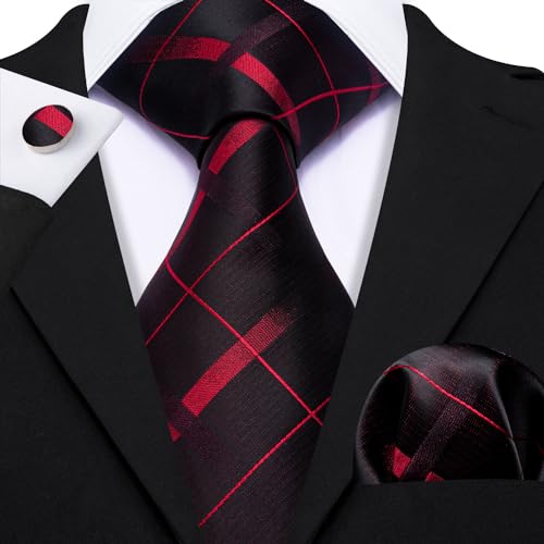 Image of Barry.Wang Plaid Ties for Men Silk Necktie Handkerchief Cuff Links Set