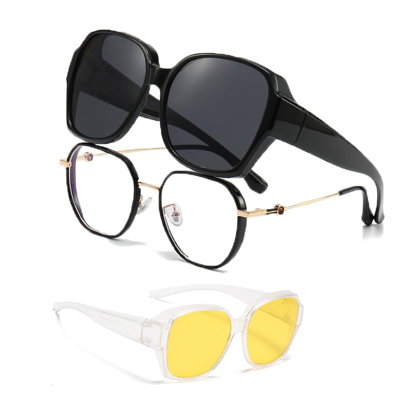 Two Pairs Fit Over Sunglasses for Men Women - Polarized Wrap Around, Lightweight Sunglasses Over Glasses, UV400 Protection with Full Coverage Design