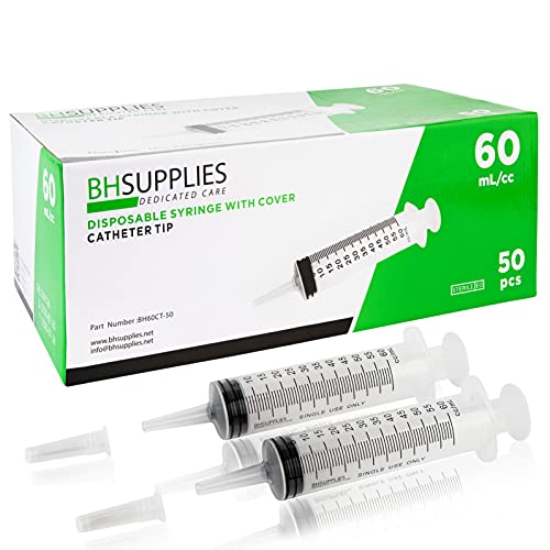 60ml Syringe Catheter Tip Sterile with Covers – 50 Syringes by BH SUPPLIES – (No Needle) Individually Sealed – Multiple use Applications. Feeding, Dispensing, Lip Gloss and Many Other uses