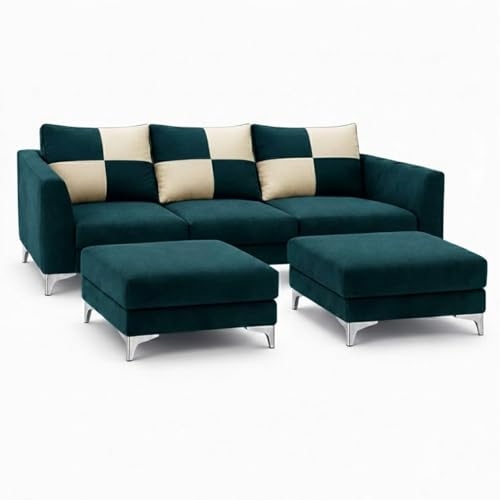 Image of Romiro 5 Seater L Shape Sofa Set with 2 Movable Ottomans | Flexible Layout | Rich Velvet Suede Fabric | Silver Legs | Modern Sofa for Living Room (Green Teal)