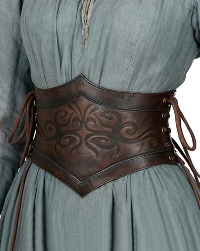 LVOW Viking Leather Corset Belt Medieval Brown Elastic Waistband Wide Renaissance Belt Women(XL)