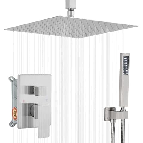 JingGang 16 Inch Ceiling Mount Brushed Nickel Shower System Bathroom Luxury Rain Mixer Shower Combo Set Ceiling Rainfall Shower Head System (Contain Shower Faucet Rough-in Valve Body and Trim) Cover