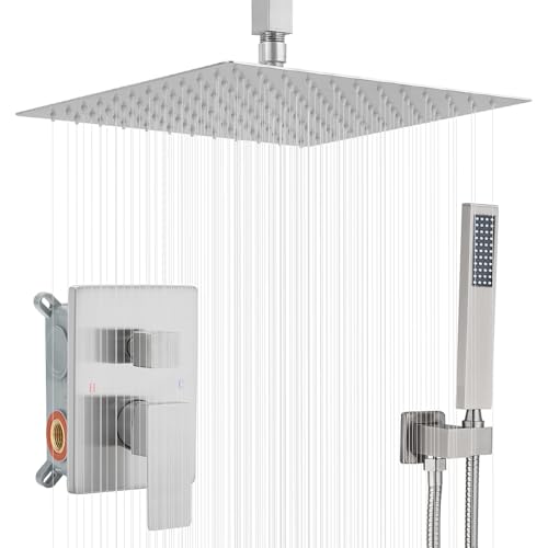 JingGang 40,6 cm Deckenmontage, gebürstetes Nickel, Duschsystem, Badezimmer, Luxus-Regenmischer, Dusch-Kombi-Set, Decke, Regenduschkopf-System (enthält Duscharmatur, grobes Ventilkörper und