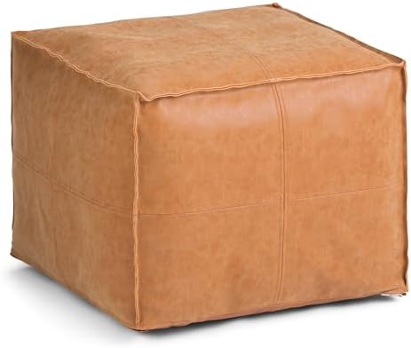 SIMPLIHOME Brody Square Pouf - 18 inch Wide Upholstered Vegan Leather Ottoman in Distressed Brown, Boho Footstool, Coffee Table or Extra Seating for Living Room or Bedroom, Assembled