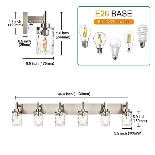 Image of Bathroom Vanity Lighting Fixtures 6 Lights,Brushed Nickel Bathroom Vanity Lights with Clear Hammered Shade Wall Sconce Lighting Modern Farmhouse Bath Lighting