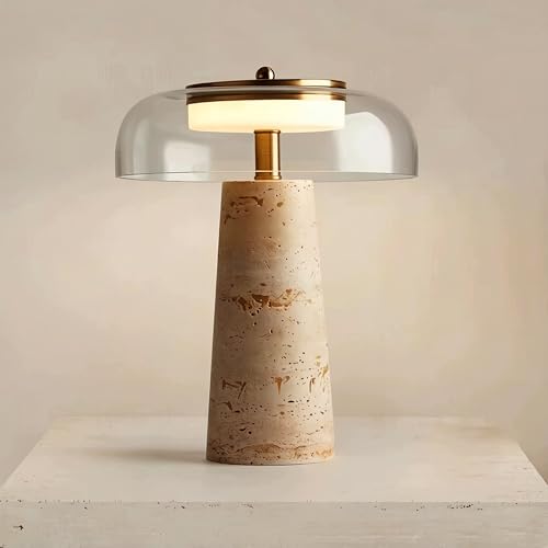 Travertine Lamp Natural Stone Table Lamps with Glass Shade 12W Mushroom Bedside Nightstand Light Decor for Bedroom Living Room Office Console Side Entryway Counter Gifts (Clear Glass+Travertine)