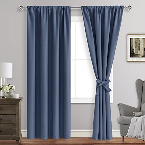 JIUZHEN Dusty Blueout Vorhänge für Schlafzimmer - Thermoisolierte Raumverdunkelungsstange Taschenvorhänge für Wohnzimmer 2er Set Paneele mit Raffhaltern, 107 x 213 cm Länge, Staubblau Cover