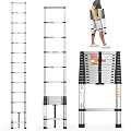 Stainless Steel Extension Ladder, 12.5FT/3.8m Telescopic Ladder with 330lbs Max Capacity, Strong Compact Folding Ladders Easy to Use, EN131 Extendable Ladder for Home, Outdoor, Attic, DIY Work