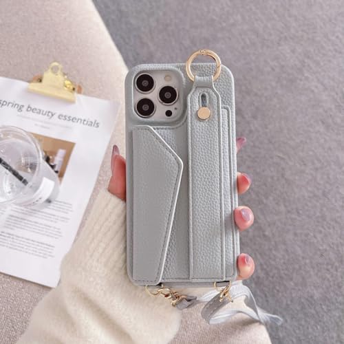 Housse en cuir portefeuille pour iPhone 13 avec bandoulière et fente carte bleu gris