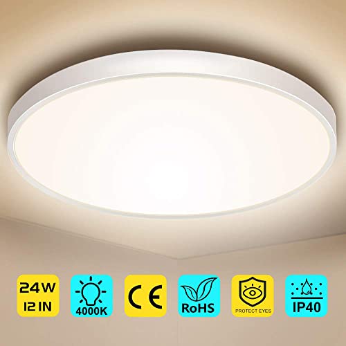 LightingWill 12 Inch LED Flush Mount Ceiling Light Fixture, 4000K Nurture White, 3200LM, 24W, Flat Modern Round Lighting Fixture, 240W Equivalent White Ceiling Lamp for Kitchens, Bedrooms.etc.
