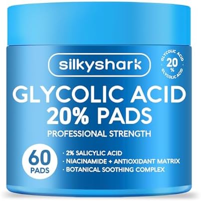 SilkyShark Glycolic Acid 20% Resurfacing Pads (60 Count), 20% Ultra Pure Glycolic Acid + 2% Salicylic Acid, Exfoliating Peel Pads for Face & Body, Effective Chemical with Vitamin B&C&E