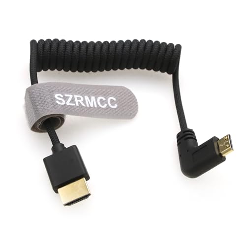 SZRMCC Mini HDMI Angle Droit vers Mini HDMI 8K 2.1 Câble Spiralé Tressé Ultra Haut Débit pour Sony CX7, A7 II, A7S II, Canon EOS 70D/80D, Nikon D500, D7500, Z6/Z7, Panasonic Lumix Fuji Caméra
