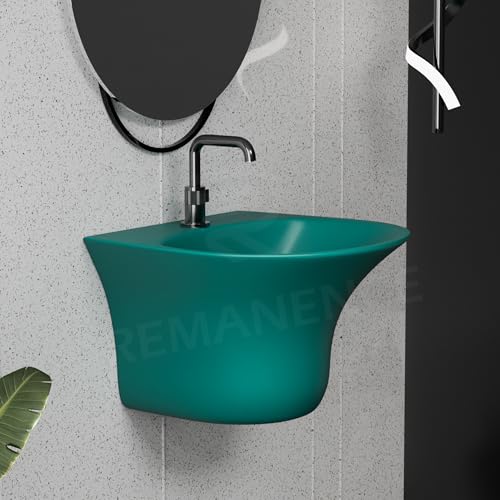 Image of REMANENCE Luxury Wall Mount Half Pedestal Wash Basin for Bathroom | Designer Wall Hung Basin | Wall Mounted Washbasin for Resturent, Hotels (16 x 16 x 11 Inch) (Matte Green)