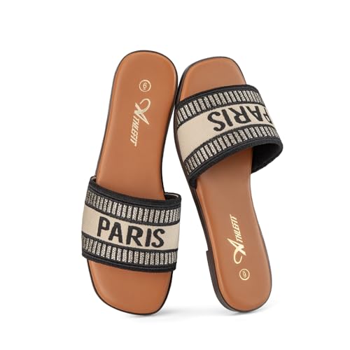 Athlefit Women's Slides Summer Fashion Slip On Flat Sandals Dressy Black Multi Size 8