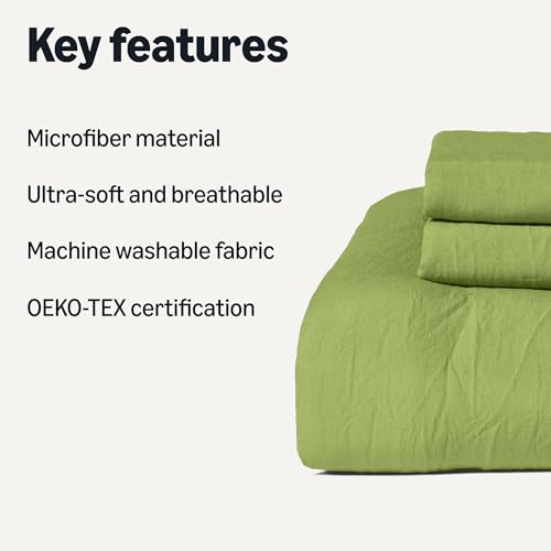 Image of Amazon Basics Soft Brushed Microfiber Comforter Set, Extra Soft with Natural Texture, 3-Piece, Queen /Full, Green, Machine Washable