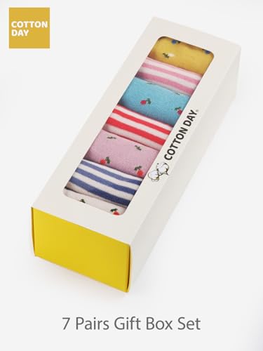 Image of COTTON DAY 7 Days of the Week Gift Box Kids Girls Fashion Short Socks Cute Animal, Floral, Stars, Stripes & Polka Dots Design