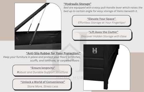 Image of Furniture Menyr Double Metal Bed with Hydraulic Storage, Metal Bed Frame with Hydraulic Storage, Iron Bed Frame with Box Storage Without Mattress - Black Matte (Single Size 6X4)