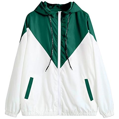 Sunshinebeauty Women's Color Block Drawstring Hooded Zip up Sports Jacket Windproof Windbreaker(Green,S) Cover