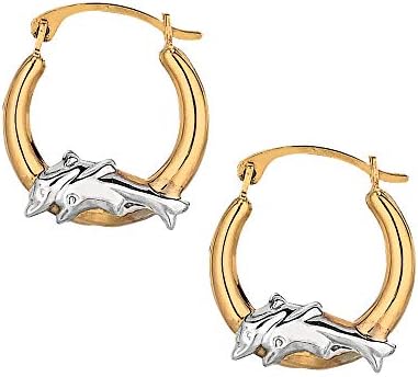 10K Yellow White Gold Shiny Round Hoop Earrings With Dolphins