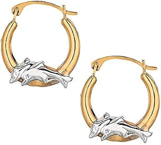 10K Yellow White Gold Shiny Round Hoop Earrings With Dolphins