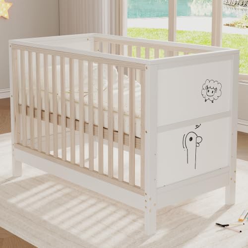 Merax Babybett 120 x 60 cm aus Massivholz, 3-Fach höhenverstellbares Gitterbett, Umbaubar zum Beistellbett Baby und zur Kindercouch, Baby Crib mit Bemalbaren Tafeln, EN 716 geprüft