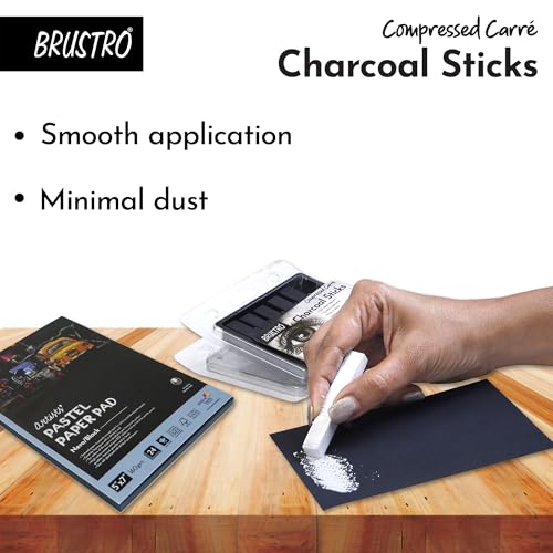 Image of BRUSTRO Artist Compressed Carre Charcoal Sticks - Set of 6 (5 Black & 1 White Stick) | Ideal for Portrait Charcoal Art, Sketching, Shading, Blending, Drawing, Craft, Professional use.